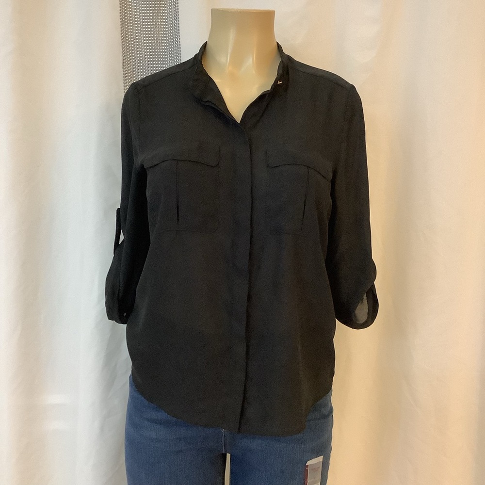 H&M, Black, Mesh, 3/4 Sleeve, Button Down Blouse. Size: 8
